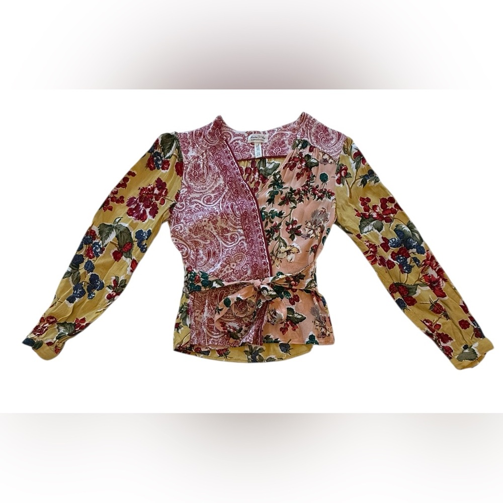 Anthropologie Meadow Rue Floral Patchwork Wrap Blouse - Yellow, Pink, Black - Picture 3 of 16
